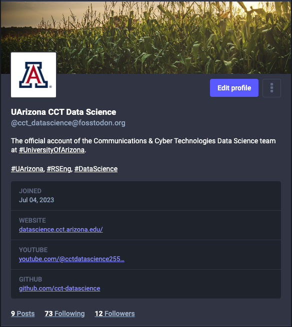 Screenshot of profile page of our group mastodon account. Found at https://fosstodon.org/@cct_datascience
