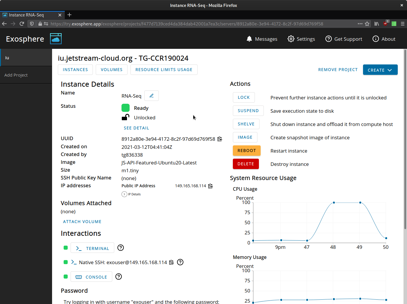 Screenshot of Exosphere user interface to OpenStack