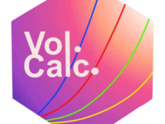 volcalc hex logo.  Purple to white gradient with colored lines and the word "volcalc"