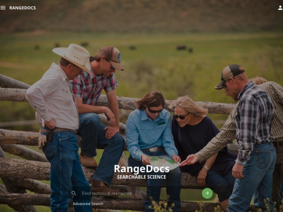 Screenshot of RangeDocs homepage, with six people in a field looking at a map