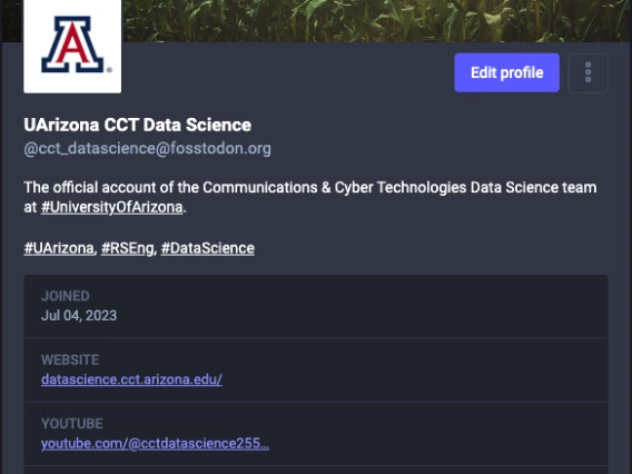 Screenshot of profile page of our group mastodon account. Found at https://fosstodon.org/@cct_datascience