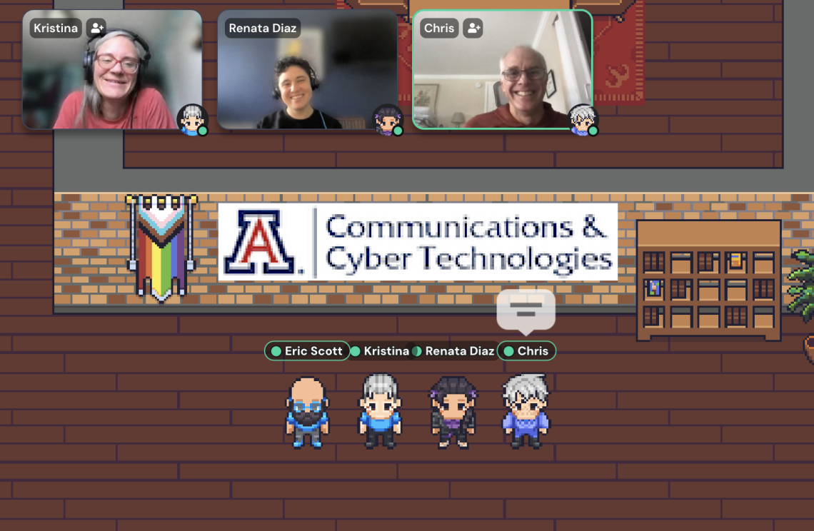 Pixel-art avatars of four individuals standing in front of a Communications & Cyber Technologies logo in a virtual pixel-art library.