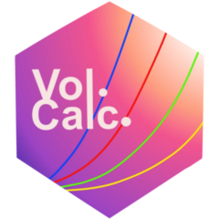 volcalc hex logo.  Purple to white gradient with colored lines and the word "volcalc"