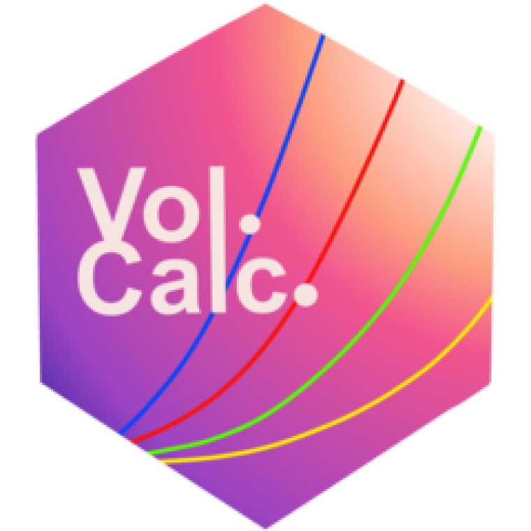 volcalc hex logo.  Purple to white gradient with colored lines and the word "volcalc"