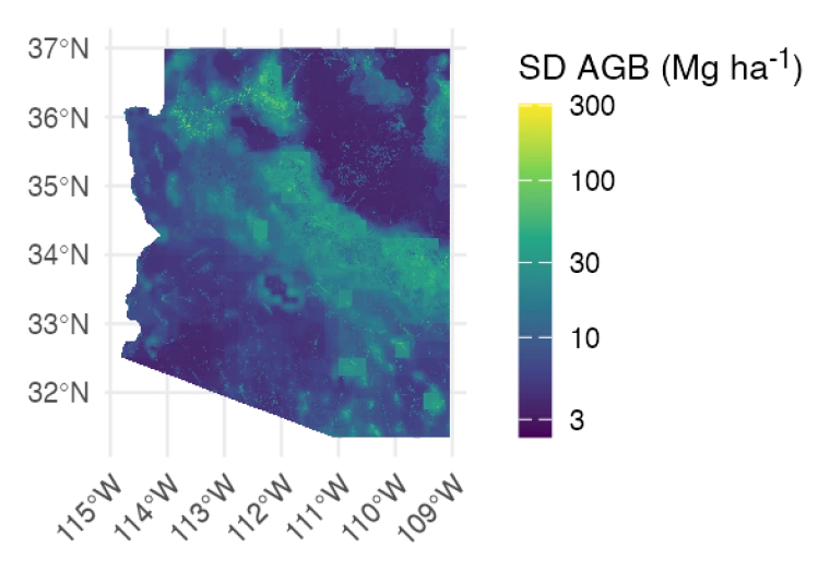 A map of Arizona where the standard deviation in AGB is represented by color.  There is high standard deviation in areas that roughly correspond to mountain ranges and low standard deviation in lower elevations.