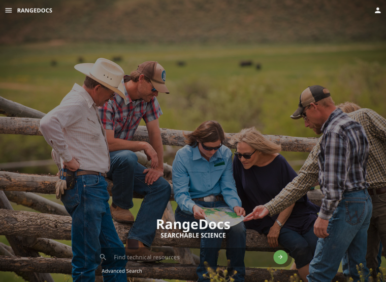 Screenshot of RangeDocs homepage, with six people in a field looking at a map