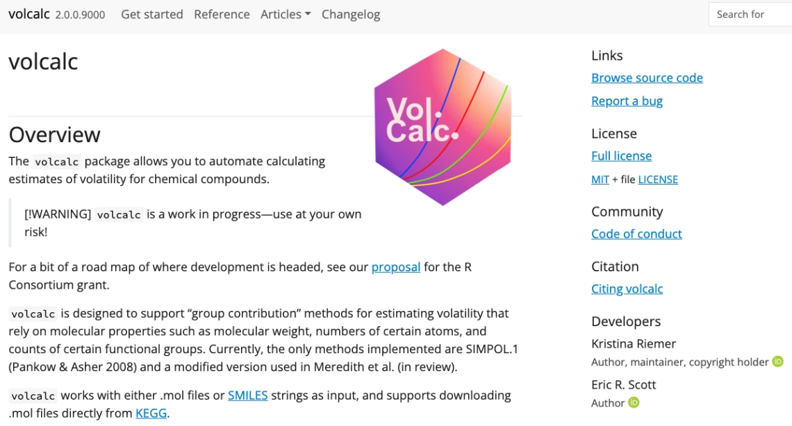 Screenshot of homepage of https://meredith-lab.github.io/volcalc/