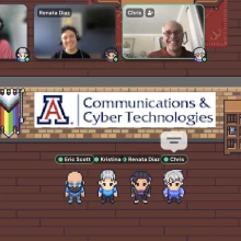 Pixel-art avatars of four individuals standing in front of a Communications & Cyber Technologies logo in a virtual pixel-art library.