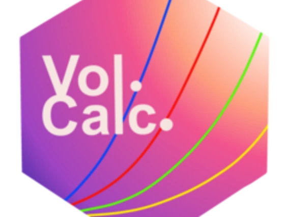 volcalc hex logo.  Purple to white gradient with colored lines and the word "volcalc"