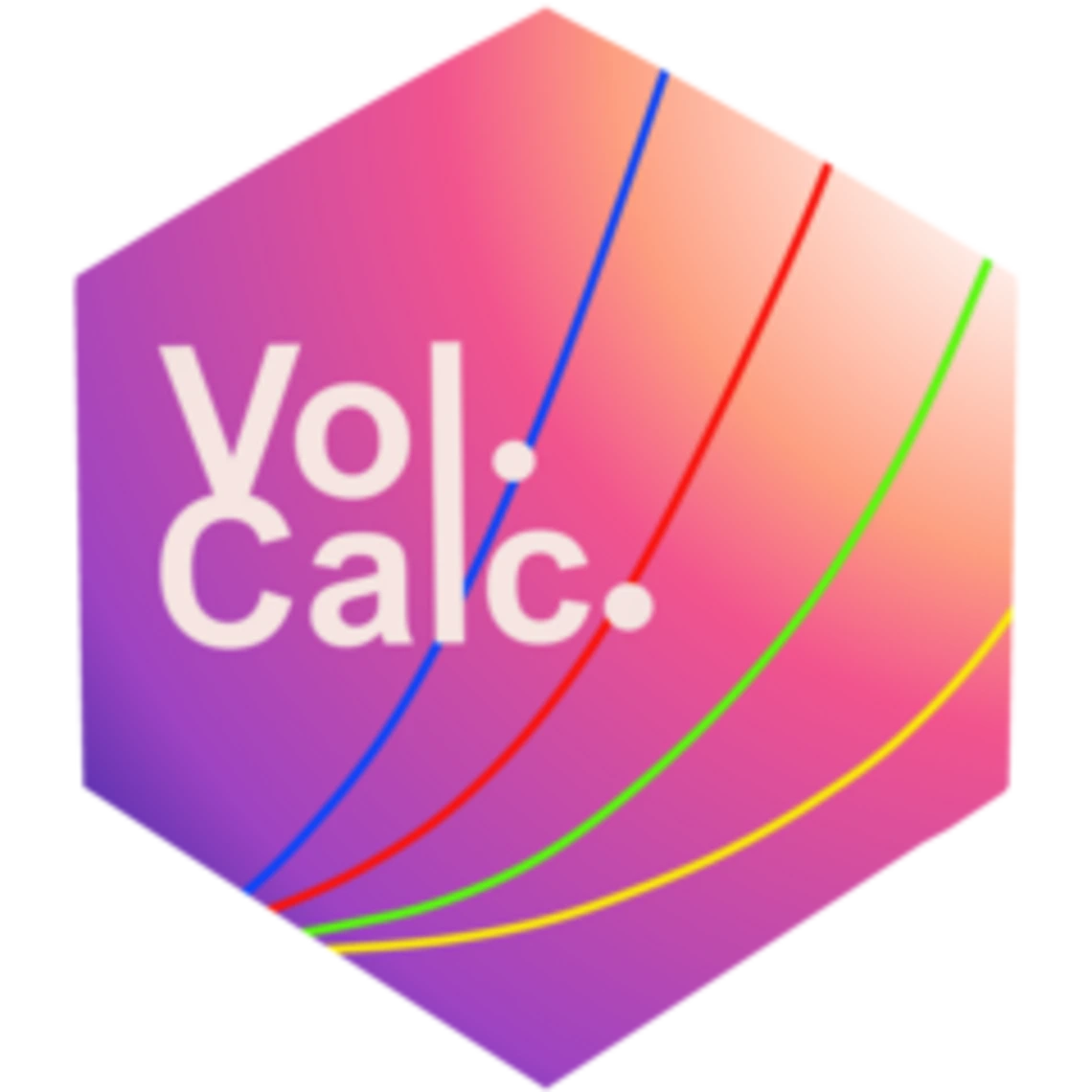 volcalc hex logo. Purple to white gradient with colored lines and the word "volcalc"