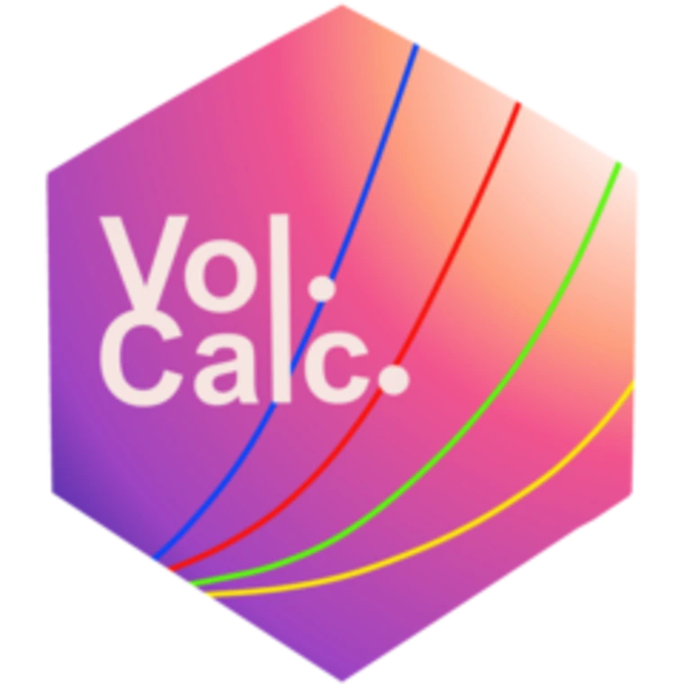 volcalc hex logo.  Purple to white gradient with colored lines and the word "volcalc"