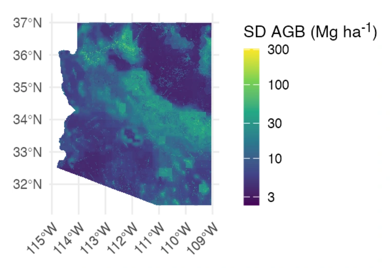 A map of Arizona where the standard deviation in AGB is represented by color.  There is high standard deviation in areas that roughly correspond to mountain ranges and low standard deviation in lower elevations.
